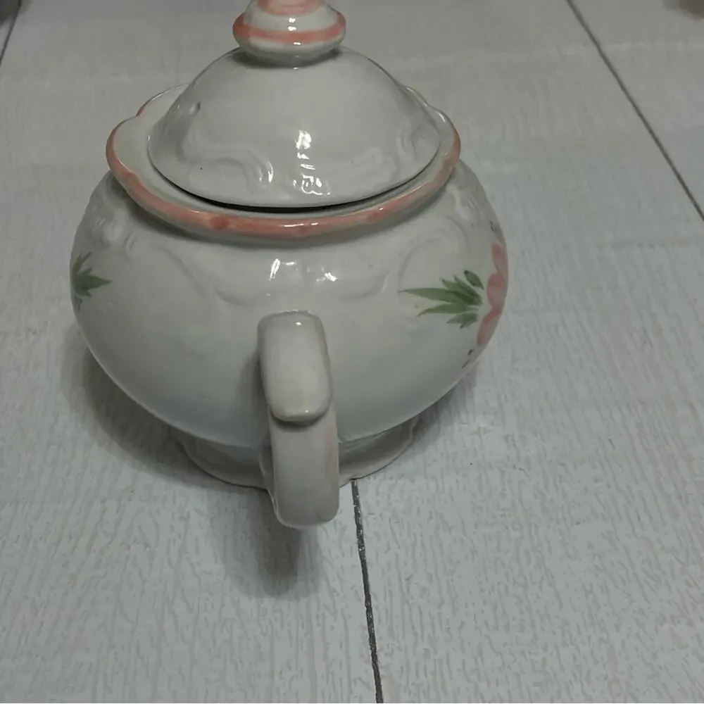 Vintage Pink Floral Teapot White Ceramic Cottage Decor